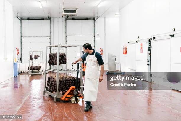 butcher pulling sausages on pallet jack - commercial walk in freezer stock pictures, royalty-free photos & images