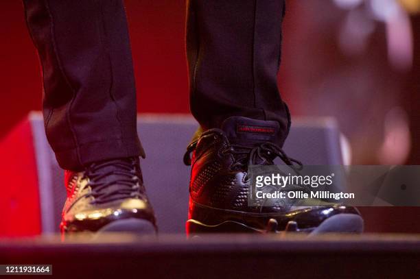 Nelly, shoe detail, performs onstage during Kisstory, The Blast Off Tour at The O2 Arena on March 11, 2020 in London, England.