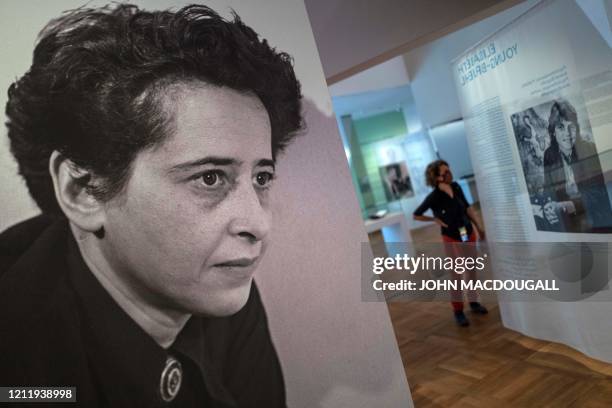 Photograph of German-American philosopher and political theorist Hannah Arendt is on display during a press preview of the exhibition "Hannah Arendt...