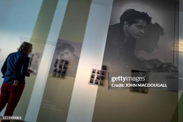 Photograph of German-American philosopher and political theorist Hannah Arendt printed on a silk screen is on display during a press preview of the...