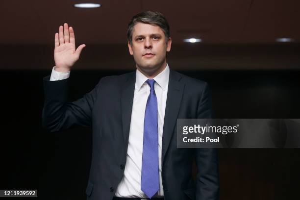 Judge Justin Walker is sworn in prior to testifying before a Senate Judiciary Committee hearing on his nomination to be a U.S. Circuit judge for the...