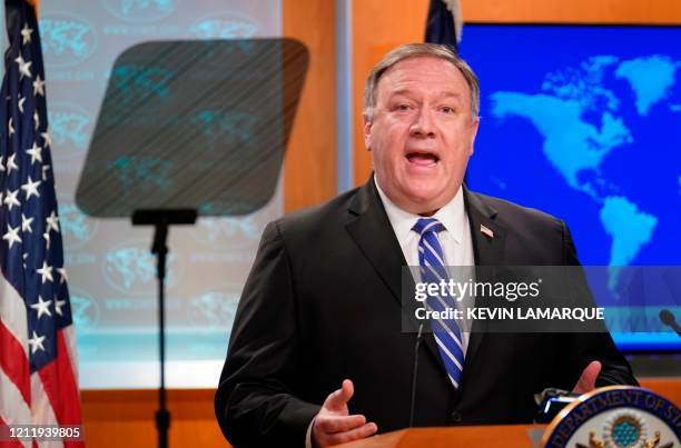 Secretary of State Mike Pompeo speaks to reporters during a media briefing at the State Department in Washington, DC, May 6, 2020. - The United...