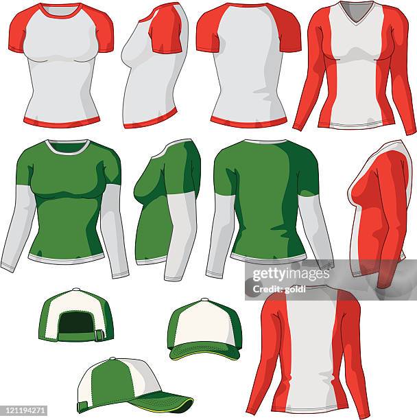 ilustraciones, imágenes clip art, dibujos animados e iconos de stock de camisetas y mujeres de diferentes diseños de gorra de béisbol - ropa-ajustada