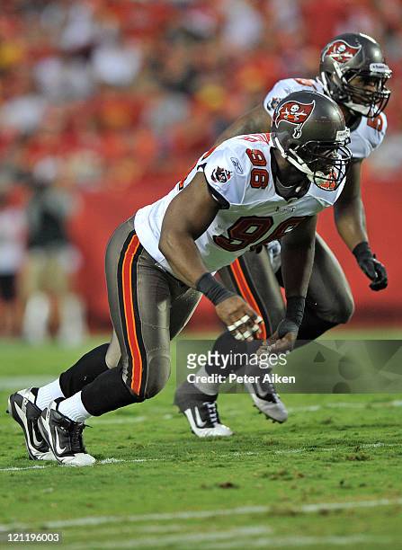 Defensive end Tim Crowder of the Tampa Bay Buccaneers in action during a game against the Kansas City Chiefs on August 12, 2011 at Arrowhead Stadium...