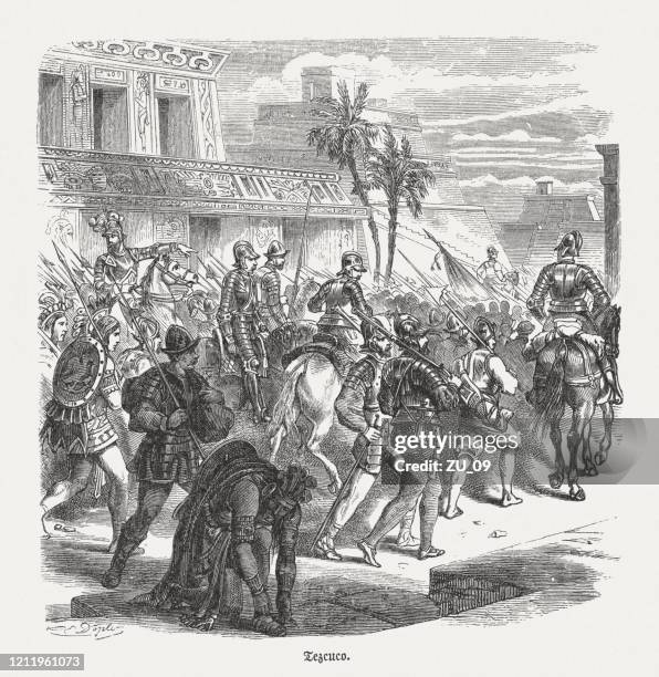 hernán cortéss occupies texcoco de mora (1520), wood engraving, published 1888 - indigenous worker stock illustrations