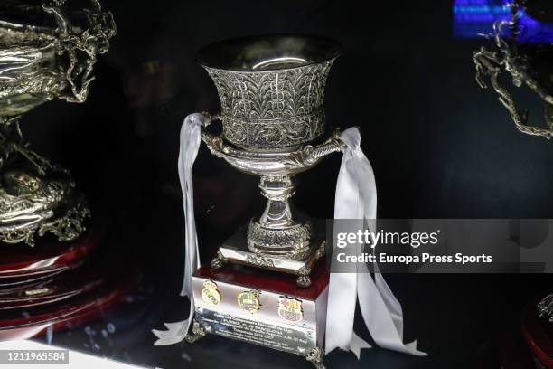 Illustration, detail of the trophy of Spanish Cup, Copa del Rey, won against FC Barcelona exhibited in the trophy room of the Real Madrid Museum at...