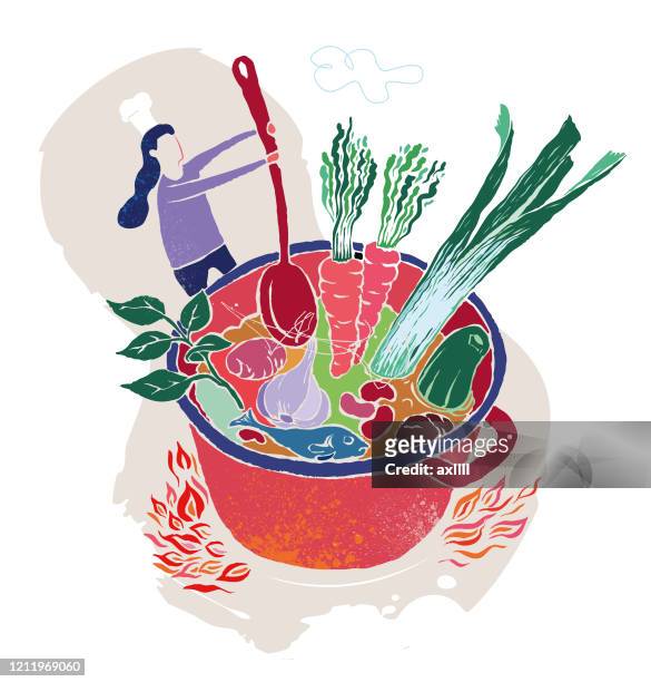 kochen, kochtopf, gesundes gemüse - vektor illustration - kochgeschirr stock-grafiken, -clipart, -cartoons und -symbole