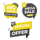 Sale Tag and Banner Icon Set. Special Offer, Big Sale, Discount, Mega Sale and Online Shopping Banner Template Vector Design on White Background.