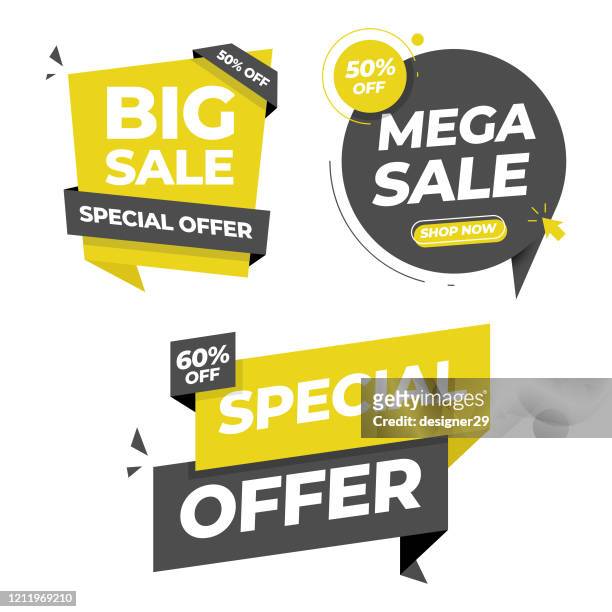sale tag and banner icon set. special offer, big sale, discount, mega sale and online shopping banner template vector design on white background. - banner sign stock illustrations