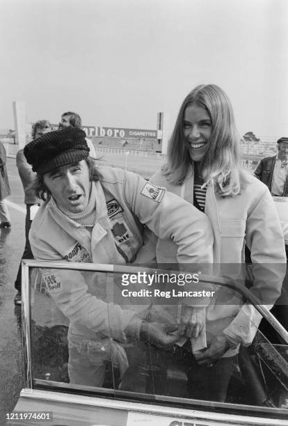British Formula One racing driver Jackie Stewart and his wife, Helen, at the Circuit Paul Ricard, where Stewart was competing in the 1972 Paul Ricard...