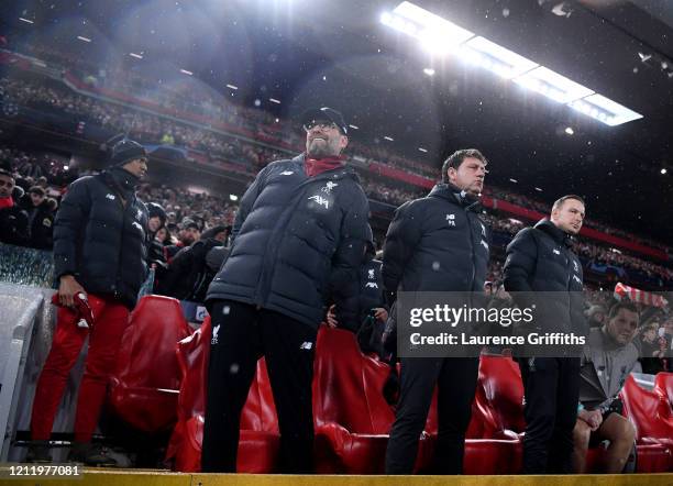 L-r Jurgen Klopp, Manager of Liverpool stands with Assistant Managers, Peter Krawietz and Pepijn Lijnders ahead of the UEFA Champions League round of...