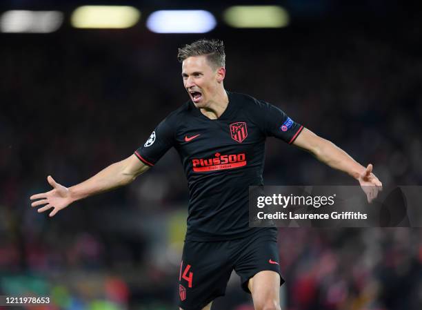 Marcos Llorente of Atletico Madrid celebrates after scoring his team's second goal during the UEFA Champions League round of 16 second leg match...