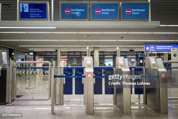 Closed entrance to the Border Control pictured at Frankfurt Airport on March 12, 2020 in Frankfurt, Germany. U.S. President Donald Trump has...