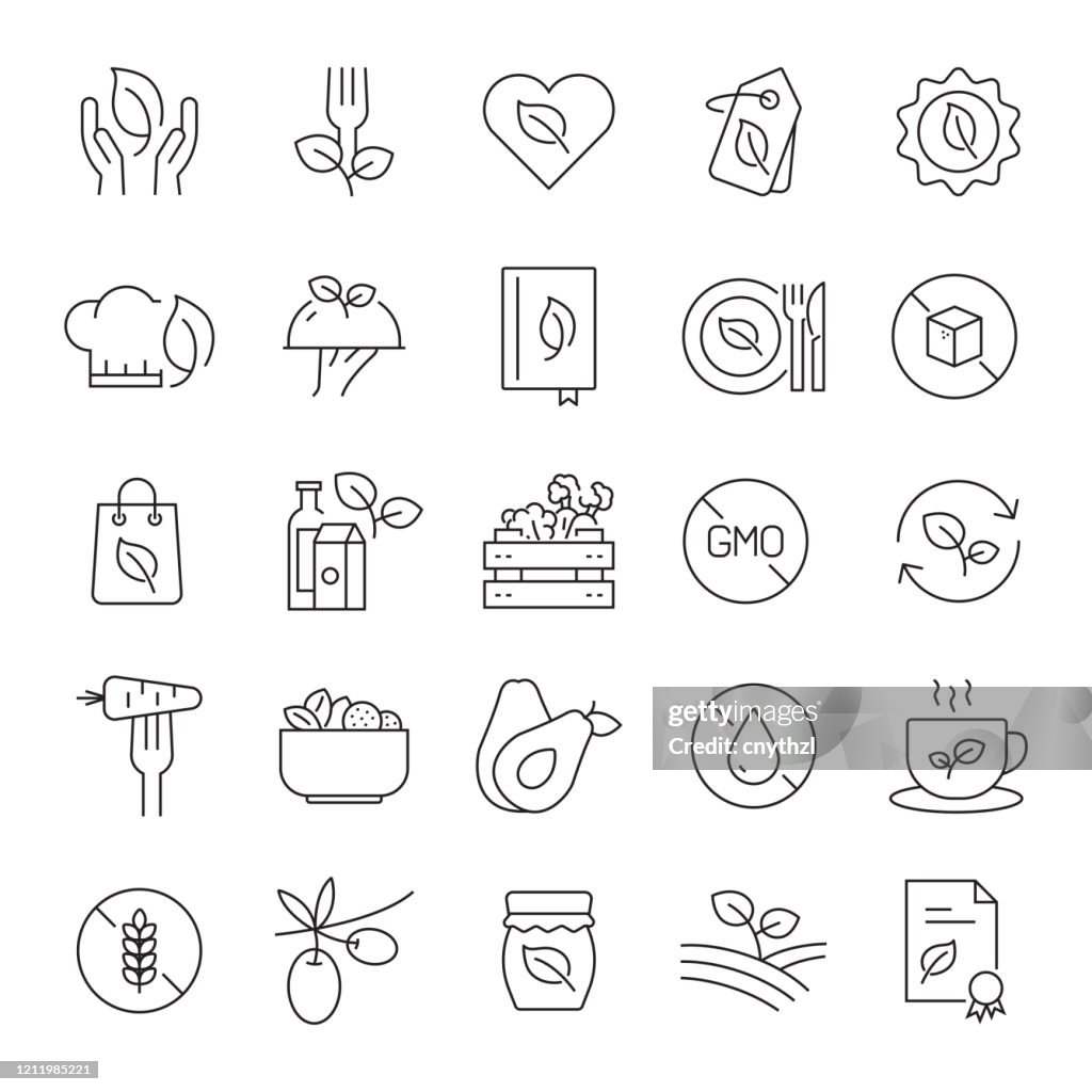 Conjunto de iconos de líneas relacionadas con alimentos y productos orgánicos. Trazo editable. Iconos de contorno simples.