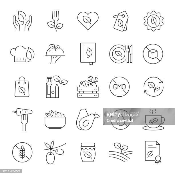 set of organic food and products related line icons. editable stroke. simple outline icons. - olive oil icon stock illustrations