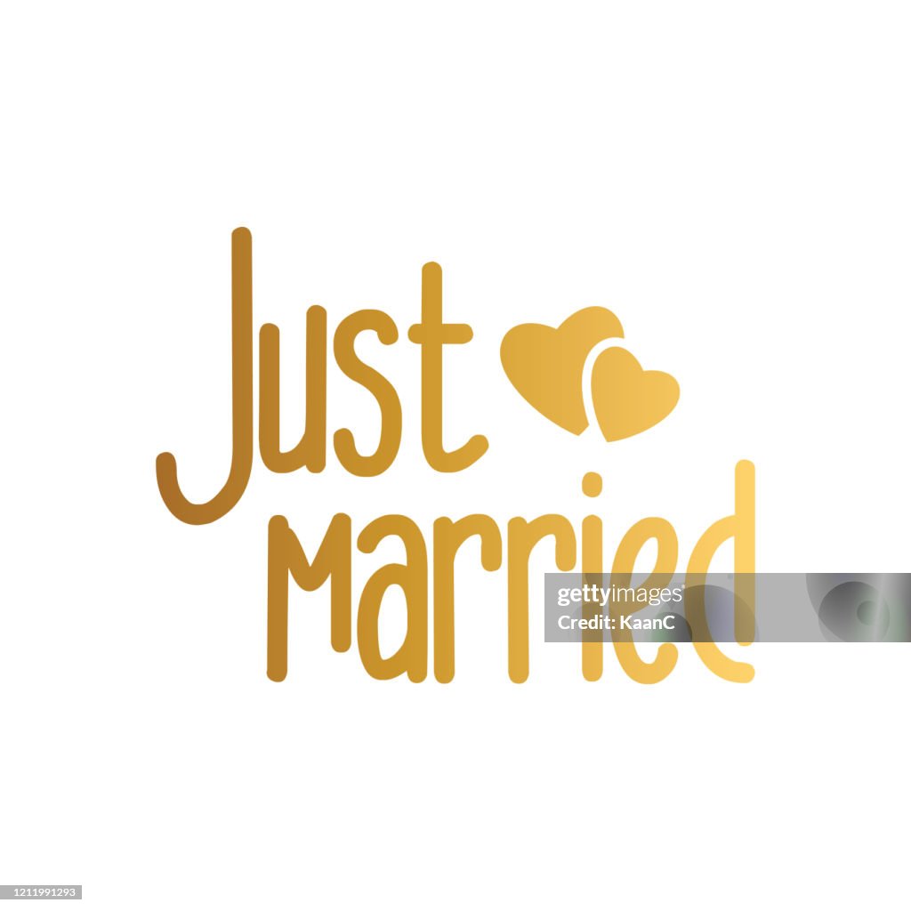 Just Married - Hochzeit Schriftzug Design. Vektor-Illustration. Bestandsabbildung