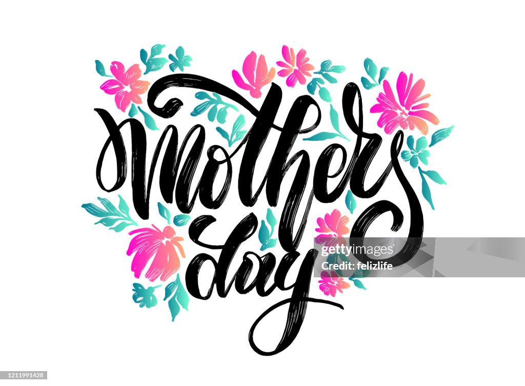 Vector bloemen met belettering "happy mother's day" voor print ontwerp van flyers, banners, cover, ansichtkaart