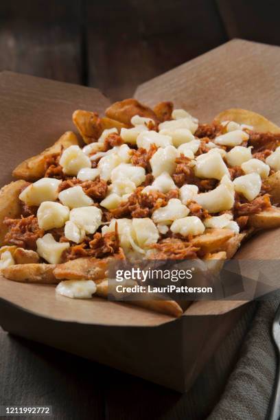 bbq pulled pork poutine - pulled pork stock pictures, royalty-free photos & images