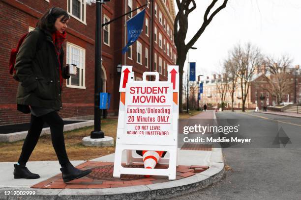 Sign marks student moving zones on the campus of Harvard University on March 12, 2020 in Cambridge, Massachusetts. Students have been asked to move...