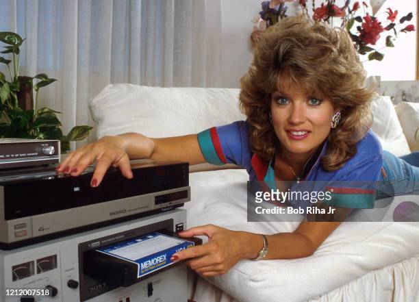 Mary Hart at home with her many recording devices she uses daily, October 3, 1985 in Los Angeles, California.