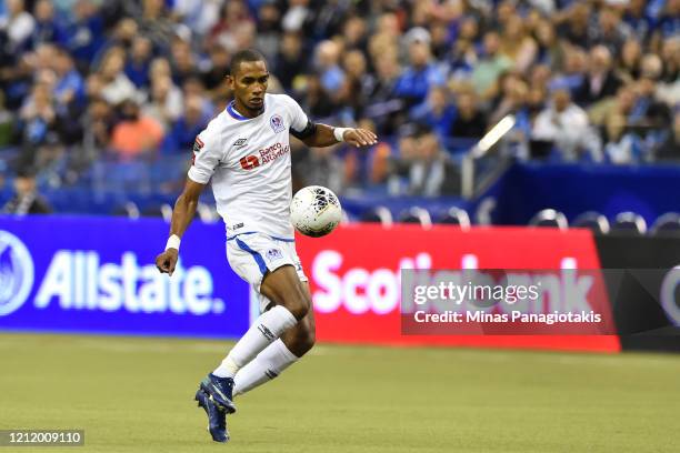 Jerry Bengtson of CD Olimpia controls the ball against the Montreal Impact in the first half during the 1st leg of the CONCACAF Champions League...