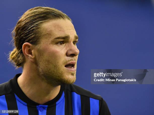 Samuel Piette of the Montreal Impact looks on against CD Olimpia in the second half during the 1st leg of the CONCACAF Champions League quarterfinal...