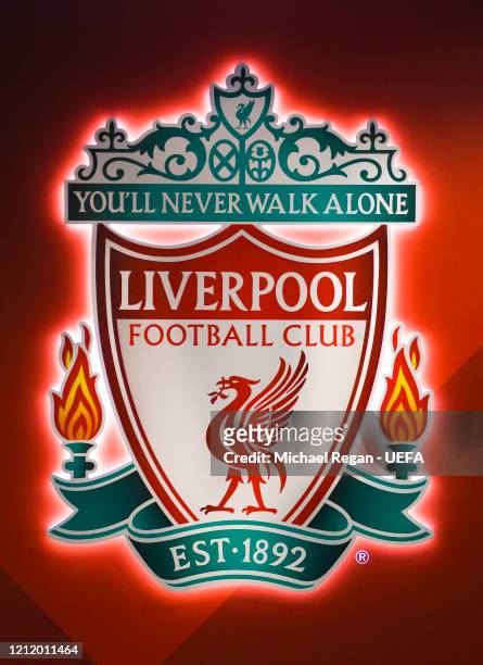The Liverpool badge is seen in the tunnel area before the UEFA... News  Photo - Getty Images