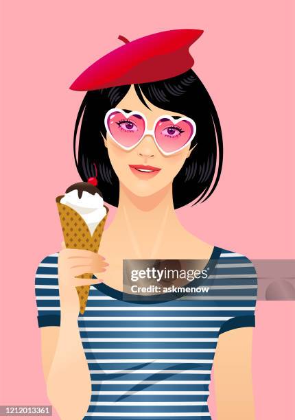 young woman wearing a beret and heart shaped eye glasses - beret stock illustrations