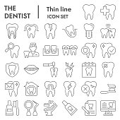 Dentistry thin line icon set. Dental care signs collection, sketches, logo illustrations, web symbols, outline style pictograms package isolated on white background. Vector graphics.