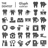 Dentistry solid icon set. Dental care signs collection, sketches, logo illustrations, web symbols, glyph style pictograms package isolated on white background. Vector graphics.