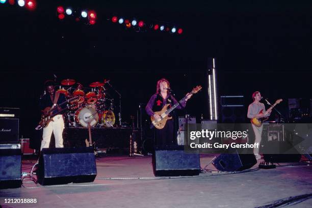 View of, from left, American Jazz and Rock musicians David Sancious, on guitar, and Billy Cobham , on drums, Scottish musician Jack Bruce , on bass,...