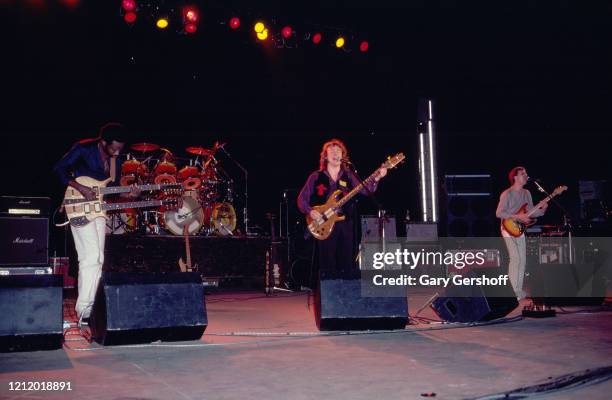 View of, from left, American Jazz and Rock musicians David Sancious, on guitar, and Billy Cobham , on drums, Scottish musician Jack Bruce , on bass,...