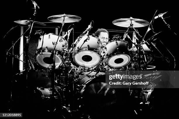 Panamanian-born American Jazz and Rock musician Billy Cobham plays drums as he performs onstage during the 'Jack Bruce & Friends' tour at the...