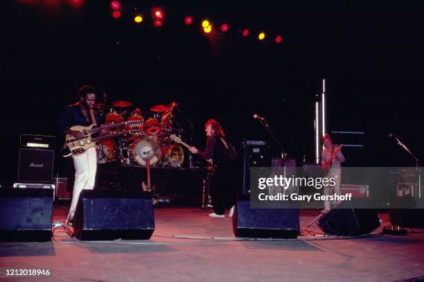 View of, from left, American Jazz and Rock musicians David Sancious, on guitar, and Billy Cobham , on drums, Scottish musician Jack Bruce , on bass,...