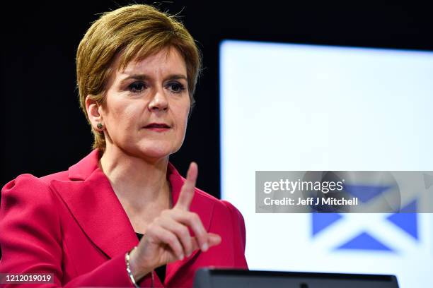 The First Minister Nicola Sturgeon delivers an update on Corona Virus following a COBRA meeting on March 12, 2020 in Edinburgh, Scotland. Gatherings...