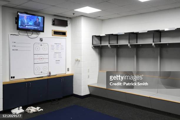 The visitors locker-room is empty after the Detroit Red Wings against the Washington Capitals game was postponed due to the coronavirus at Capital...