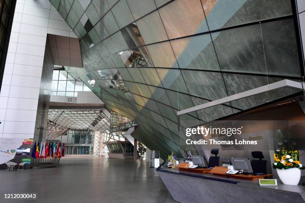 The entrance hall of the ECB headquarters stands unusually empty after Christine Lagarde, President of the European Central Bank, spoke to the media...