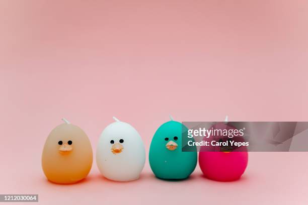 flat lay colorful easter chiken - funny easter eggs 個照片及圖片檔