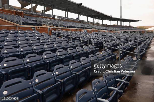 General view of empty seats of Peoria Stadium on March 12, 2020 in Peoria, Arizona. Major League Baseball is reportedly joining the NBA in suspending...