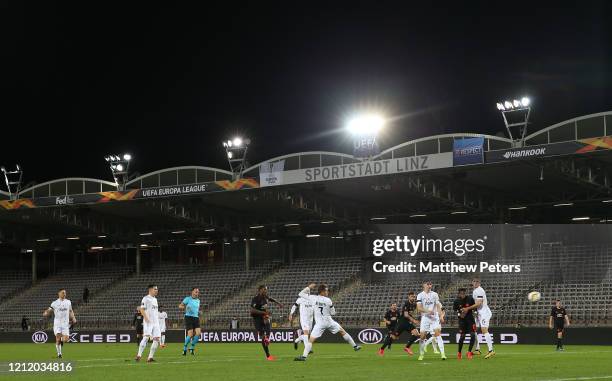 Odion Ighalo of Manchester United scores their first goal during the UEFA Europa League round of 16 first leg match between LASK and Manchester...