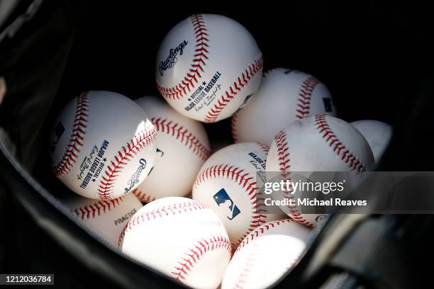 Detail of baseballs during a Grapefruit League spring training game between the Washington Nationals and the New York Yankees at FITTEAM Ballpark of...