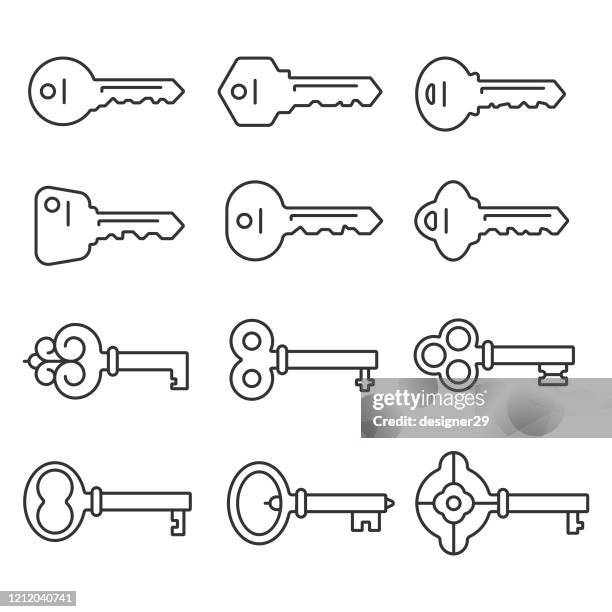 ilustrações, clipart, desenhos animados e ícones de ícone de contorno de chaves definir design de vetor em fundo branco. - key