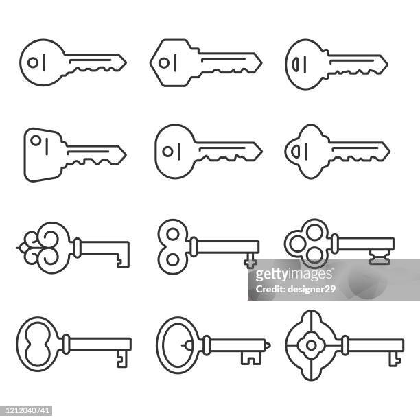 keys outline icon set vector design on white background. - old fashioned key stock illustrations