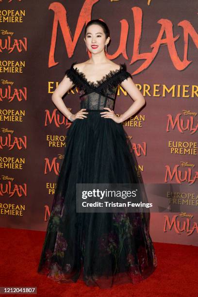 Yifei Liu attends the "Mulan" European Premiere at Odeon Luxe Leicester Square on March 12, 2020 in London, England.