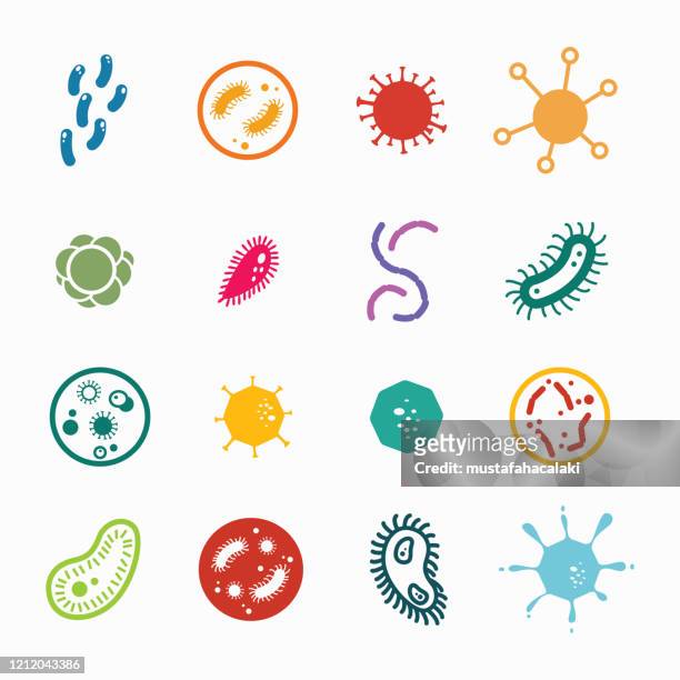 bunte verschiedene arten von viren - bakterien stock-grafiken, -clipart, -cartoons und -symbole