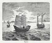 Magellan's ships, wood engraving, published in 1888
