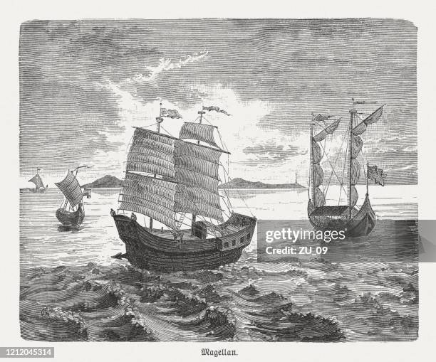 magellan's ships, wood engraving, published in 1888 - magellan stock illustrations