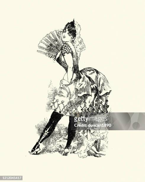 illustrations, cliparts, dessins animés et icônes de jeune femme coquettish dans la jupe courte retenant un ventilateur, victorien - archive danse