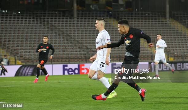 Mason Greenwood of Manchester United scores their fourth goal during the UEFA Europa League round of 16 first leg match between LASK and Manchester...