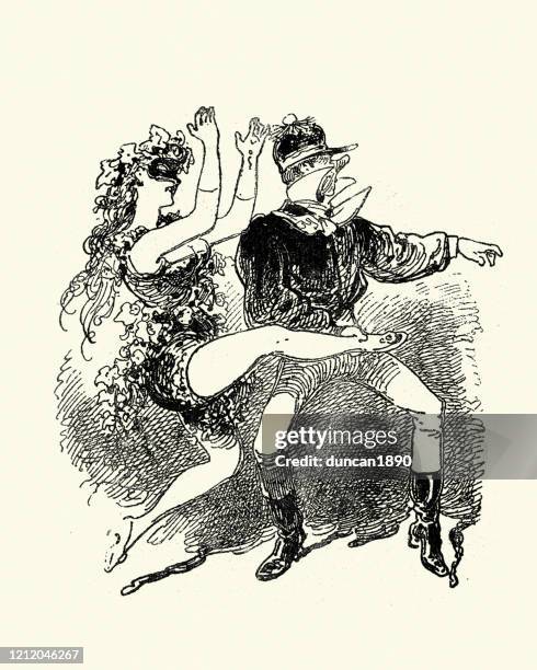 victorian showgirl and man dancing with wild abandon - vintage burlesque stock illustrations